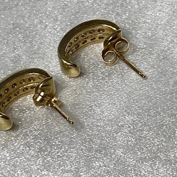 14K Solid Yellow Gold Diamond Half Hoop Earrings - image 6