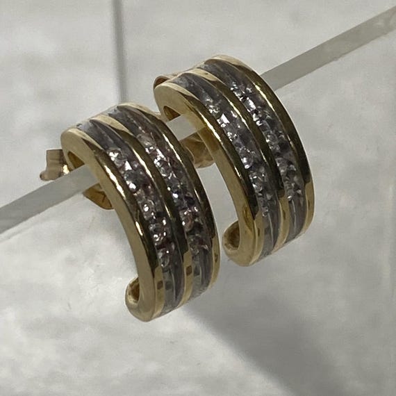 14K Solid Yellow Gold Diamond Half Hoop Earrings - image 2