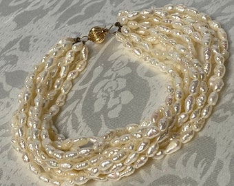 Vintage Multi Strand Cultured Rice Pearl Bracelet With 14k Gold Clasp 8 Inch Fine Jewelry Gift