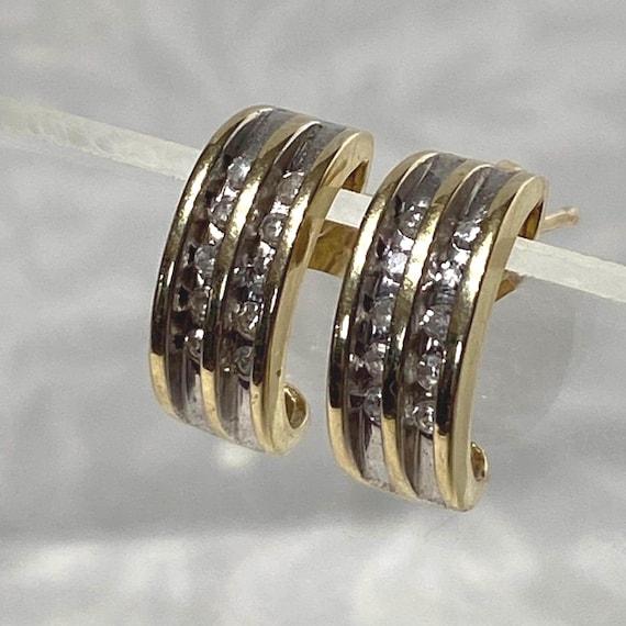 14K Solid Yellow Gold Diamond Half Hoop Earrings - image 1
