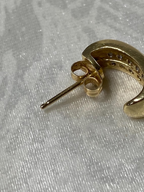 14K Solid Yellow Gold Diamond Half Hoop Earrings - image 4