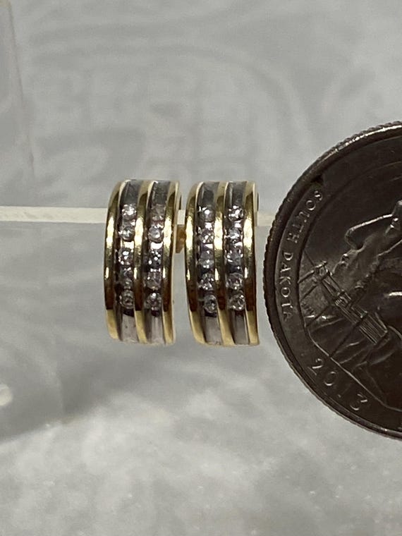 14K Solid Yellow Gold Diamond Half Hoop Earrings - image 3