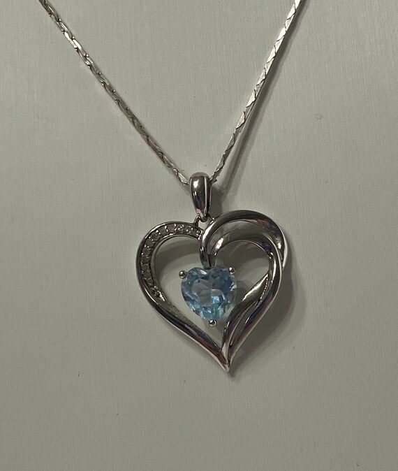 Sterling Silver 925 Blue Topaz Diamond Accent Heart Pendant