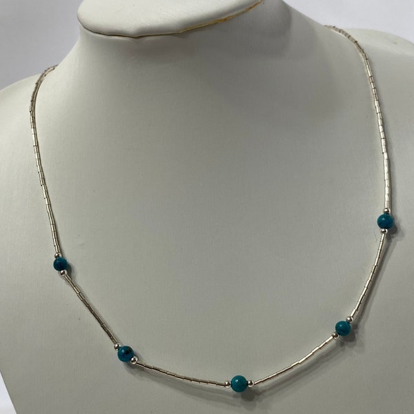 Native American Liquid Sterling Silver 925 Turquoise Bead Beaded Chain Necklace 16 Inch Jewelry