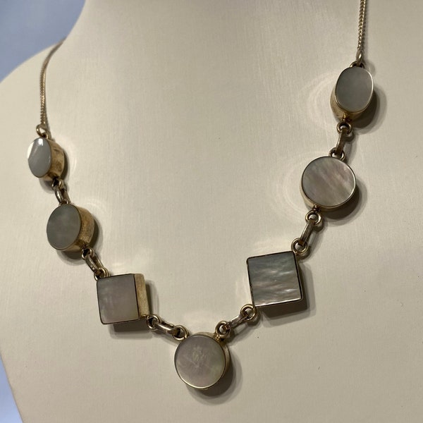 Vintage Sterling Silver 925 Mop Mother of Pearl Link Chain Festoon Necklace Jewelry 18 Inch