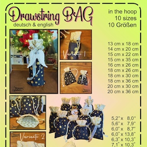 Könnte beinhalten: Ein Set mit 10 Kordelzugbeuteln aus schwarzem Stoff mit goldenen Punkten und goldener Verzierung. Die Beutel sind in 10 Größen erhältlich, von 13 cm x 18 cm bis 20 cm x 36 cm. Das Bild zeigt auch eine Flasche, die in einen ähnlichen Stoff mit einem goldenen Band und einem weißen Engelsflügel gewickelt ist.