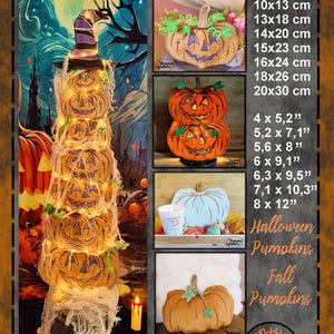 Könnte beinhalten: Ein digitales Stickmuster für einen Stapel von fünf Halloween-Kürbissen mit Lichtern im Inneren. Das Design ist in verschiedenen Größen erhältlich, von 4 x 5,2 Zoll bis 8 x 12 Zoll. Das Design heißt "Pumpkins ITH" und ist von Kathrin Duscha.