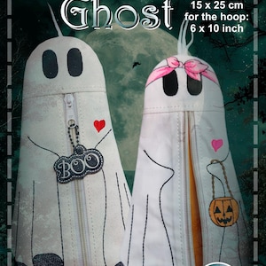 May include: Two ghost-shaped pencil cases with zipper closures. One has a "BOO" charm and a red heart, the other has a pink bow and a jack-o'-lantern bag. The text "Ghost" is above the pencil cases. The pencil cases are 6 x 10 inches.