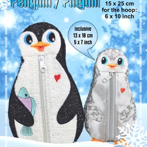 Puede incluir: Un estuche para lápices con diseño de pingüino, en blanco y negro con cremallera y un corazón rojo. El texto dice "15x25 Pencil Case Penguin/Pinguin" e "inclusive 13 x 18 cm".