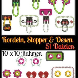 Op de afbeelding: Een set van 51 borduurmotieven voor koorduiteinden, stoppers en decoratieve elementen. De ontwerpen zijn in een 10x10 ringmaat en bevatten verschillende vormen, waaronder sterren, harten, cirkels en bloemen. De ontwerpen zijn in verschillende kleuren, waaronder groen, roze, rood, geel en blauw.
