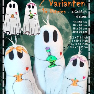Puede incluir: Diseños de bordado de fantasmas de felpa blanca con ojos negros, varios accesorios y el texto "Plush-Ghosty". La imagen muestra cuatro tamaños: 13 x 18 cm, 16 x 26 cm, 18 x 30 cm y 20 x 36 cm. El diseño incluye instrucciones paso a paso.