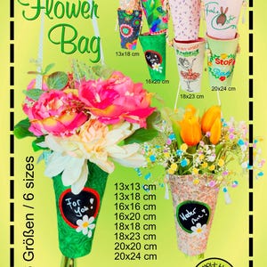Puede incluir: Imagen de bolsas de flores de tela en varios tamaños, de 13x13 cm a 20x24 cm. Las bolsas presentan diversos patrones y diseños, con el texto "Flower Bag" y "For You!" e instrucciones en alemán e inglés.