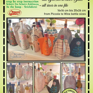 Könnte beinhalten: Eine Sammlung von bestickten Filz-Weinflaschenbezügen in verschiedenen Farben und Mustern. Die Bezüge zeigen verschiedene Designs, darunter Blumen, Herzen und Text. Der Text auf den Bezügen lautet "All you need is this" und "Alles was du brauchst ist das". Die Bezüge sind so konzipiert, dass sie auf Weinflaschen unterschiedlicher Größe passen, von 16x16 cm bis 20x26 cm.