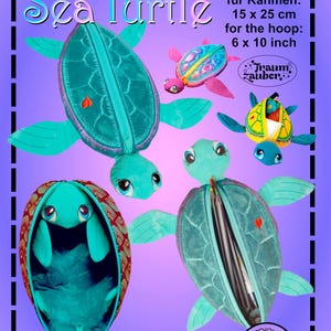 Könnte beinhalten: Verschiedene Stifteetuis in Form von Meeresschildkröten in Teal- und Rosatönen. Das Bild zeigt offene Etuis mit Stiften. Text enthält "15x25 Pencil Case" und "Sea Turtle". Für einen Rahmen von 15 x 25 cm.