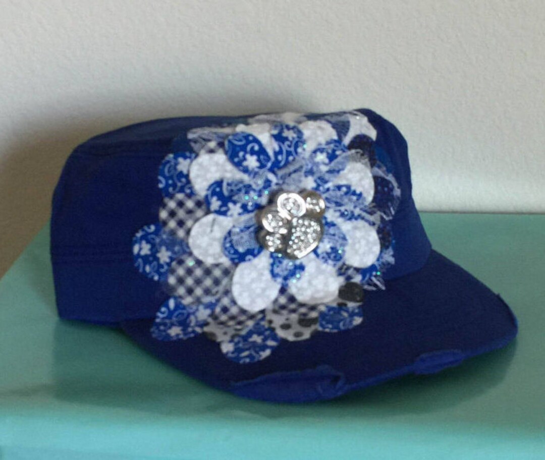 Women's Handdecorated Blue Military Style Hat With Clear Crystal Paw