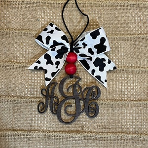 Personalized Monogram Car Charm, Cow Print Bow, Black / White,  Car Mirror Accessory, Monogram Ornament