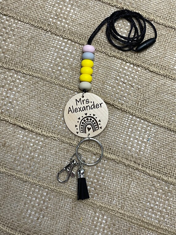Customizable Silicone beaded lanyard with wood disc, engraved wood