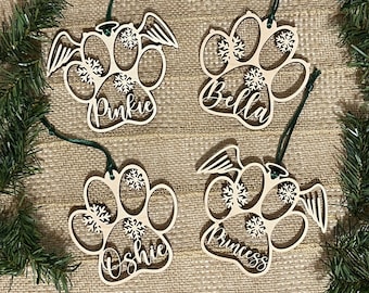 Personalized Wooden Pet Paw Print Ornament, Dog, Cat, Angel, Memorial, Christmas, Gift