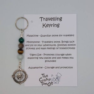 Travelling Gemstone Keyring: Compass Charm, Malachite, Moonstone, Tiger Eye, Aquamarine Traveller Travel