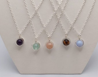 Fidget Gemstone Necklace: Silver Plated Anxiety Spinner, Amethyst Tigers Eye Sodalite Fluorite - anxious stress