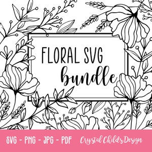 May include: Black and white line art floral design with the text "Floral SVG Bundle" in a rectangular frame.