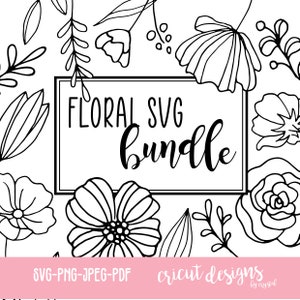May include: Black and white line art floral SVG bundle with the text "Floral SVG Bundle" in a rectangle. The text "SVG-PNG-JPEG-PDF Cricut Designs by Crystal" is at the bottom of the image.