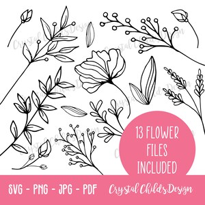 May include: A set of 13 black and white line art flower illustrations. The flowers are simple and delicate, with a variety of shapes and sizes. The text "13 FLOWER FILES INCLUDED" is written in a circle with a pink background.