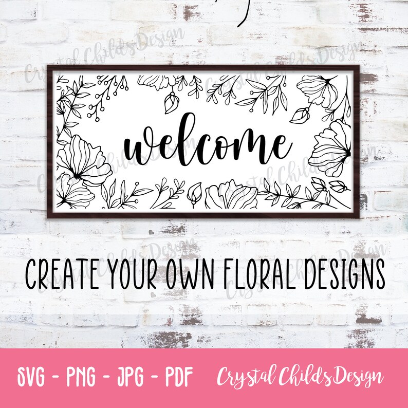 May include: A black and white welcome sign with a floral border. The sign is framed in a black frame and has the word "welcome" written in a cursive font.