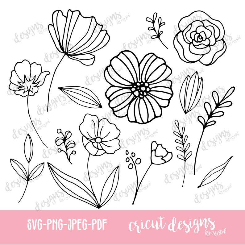May include: A set of black and white line art floral illustrations. The set includes a variety of flowers, leaves, and stems. The illustrations are perfect for use in crafting, scrapbooking, or digital design.