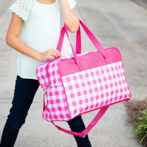 Personalized Hot Pink Check Travel Bag | Overnight Bag Personalized | Carry on Travel Bag | Maid of Honor | Weekender | Tween Gift