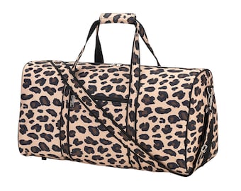May include: A brown and black leopard print duffel bag with a black zipper and a black adjustable shoulder strap.