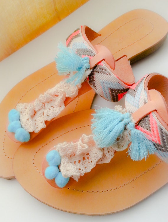 Items similar to Pompom Sandals, Leather Sandals, Greek Sandals, Pastel ...