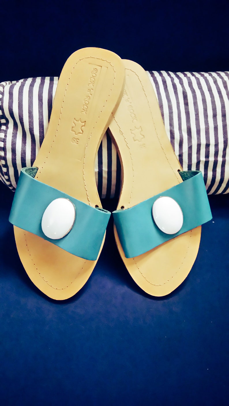 Slide Sandals Sandals Size 8 US or 39EU Turquoise Sandals Greek Leather Sandals Blue Sandals Luxury Bohemian Sandals with Stones