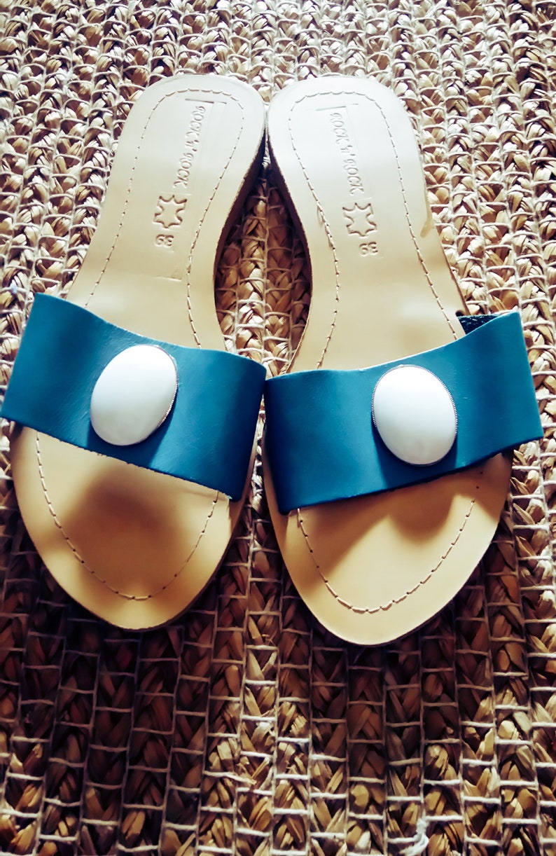 Slide Sandals Sandals Size 8 US or 39EU Turquoise Sandals Greek Leather Sandals Blue Sandals Luxury Bohemian Sandals with Stones