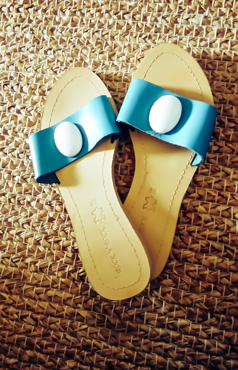 Slide Sandals Sandals Size 8 US or 39EU Turquoise Sandals Greek Leather Sandals Blue Sandals Luxury Bohemian Sandals with Stones