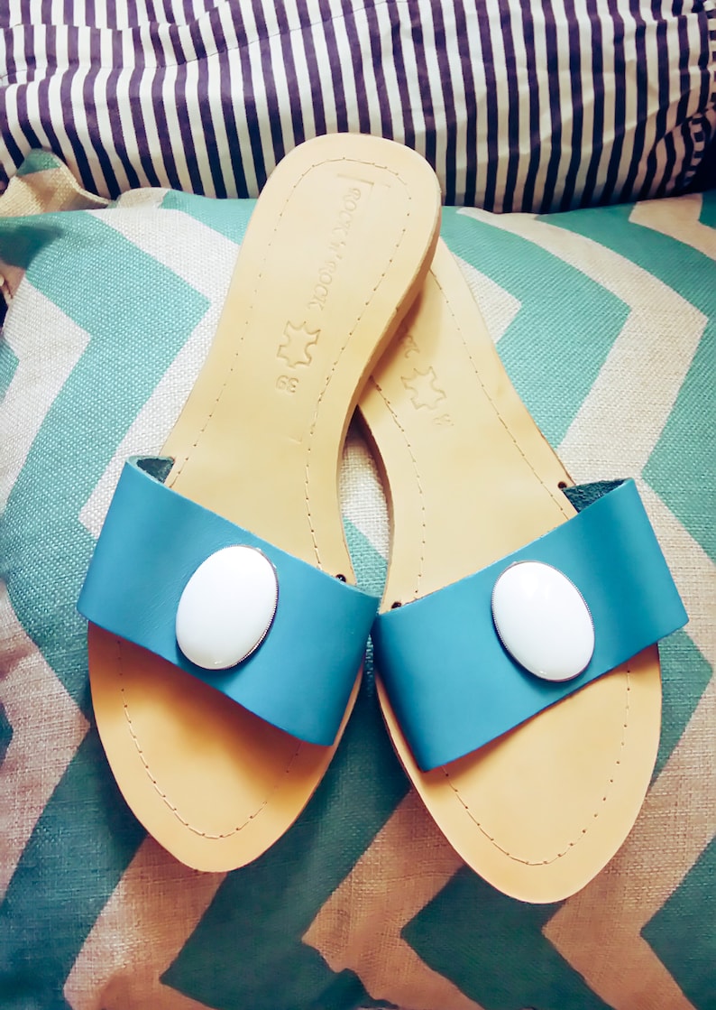 Slide Sandals Sandals Size 8 US or 39EU Turquoise Sandals Greek Leather Sandals Blue Sandals Luxury Bohemian Sandals with Stones