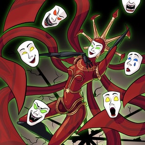 Może przedstawiać: Czerwona postać z wieloma ramionami i złotą koroną trzyma różne białe maski z różnymi wyrażeniami twarzy. Maski mają zielone, żółte i niebieskie oczy.