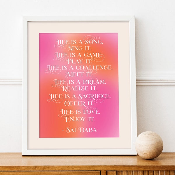 Affiche colorée Sai Baba de Shirdi 40,6 x 50,8 cm, sans cadre, la vie est une chanson, décor spirituel, art typographique pour le salon ou le bureau