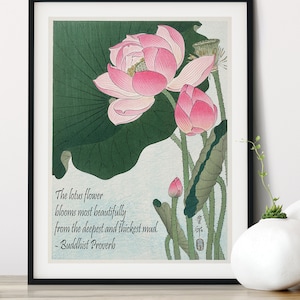 Printable Buddhist Proverb on vintage Japanese Lotus flower art print