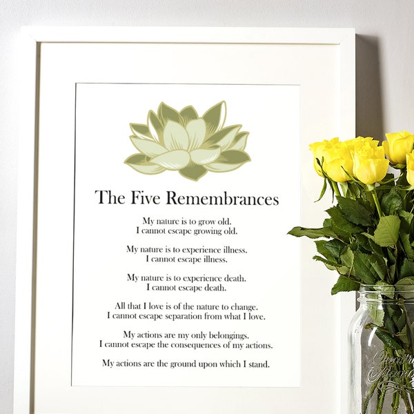 Buddhist Wall Art Five Remembrances with Lotus Flower Unframed Print for Spiritual Home Decor