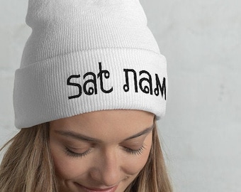 Sat Nam Embroidered Cuffed Snug White Beanie for Lightworkers and Kundalini Yoga Lovers, Winter Hat Present