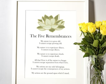 Printable Buddhist Wall Art, Five Remembrances with Green Lotus Flower for your Meditation or Yoga Space, Just added 5" x 7" Size