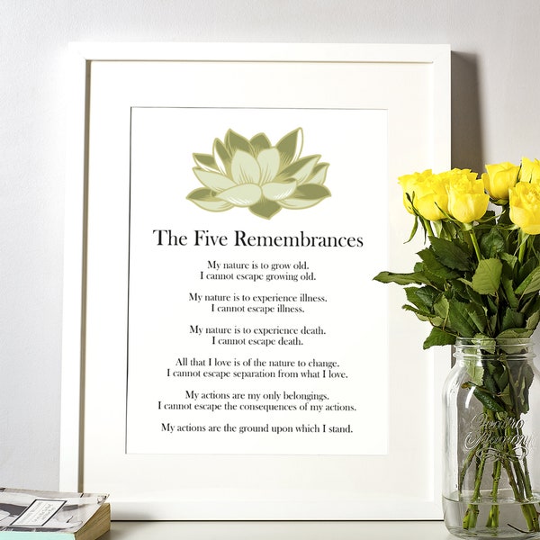 Printable Buddhist Wall Art, Five Remembrances with Green Lotus Flower for your Meditation or Yoga Space, Just added 5" x 7" Size
