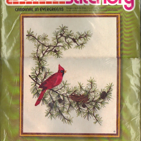 Vintage Sunset Stitchery Cardinals in Evergreens Crewel Embroidery Kit by Betty Miles