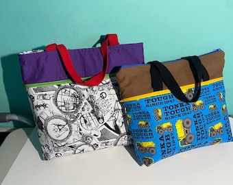 Bolsa de tela tote, bolso de juguete de los niños, bolso hecho a mano contiene cremalleras, hecho en los EE.UU.