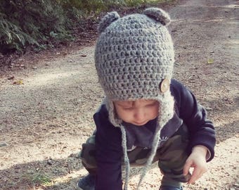 Crochet Bear Earflap Hat, Handmade Baby Winter Hat