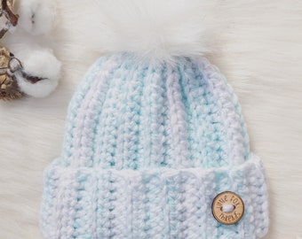 Crochet Ribbed Beanie with Faux Fur Pompom, Fold Up Brim