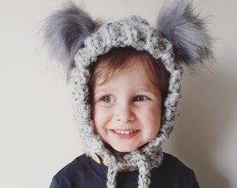 Crochet Chunky Bonnet with Faux Fur Pompoms