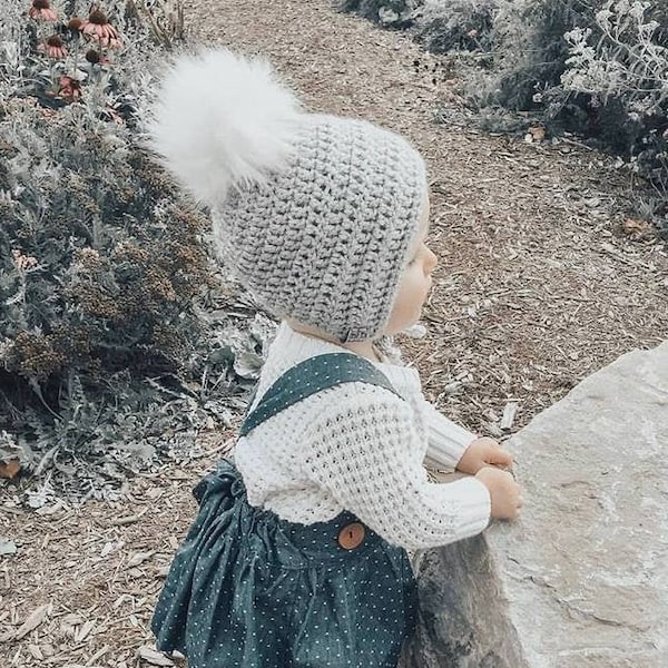 Crochet Baby Bonnet with Faux Fur Pompom
