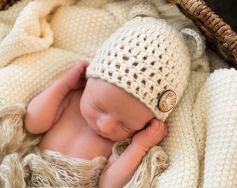 Crochet Baby Bear Beanie, Handmade Winter Hat